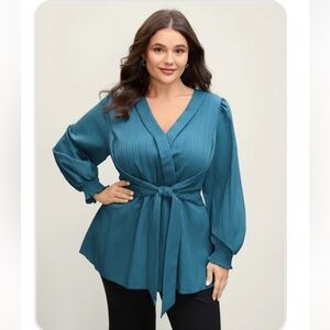 BloomChic Teal Textured Wrap Blouse Long Sleeve Tie Waist Size 14/16